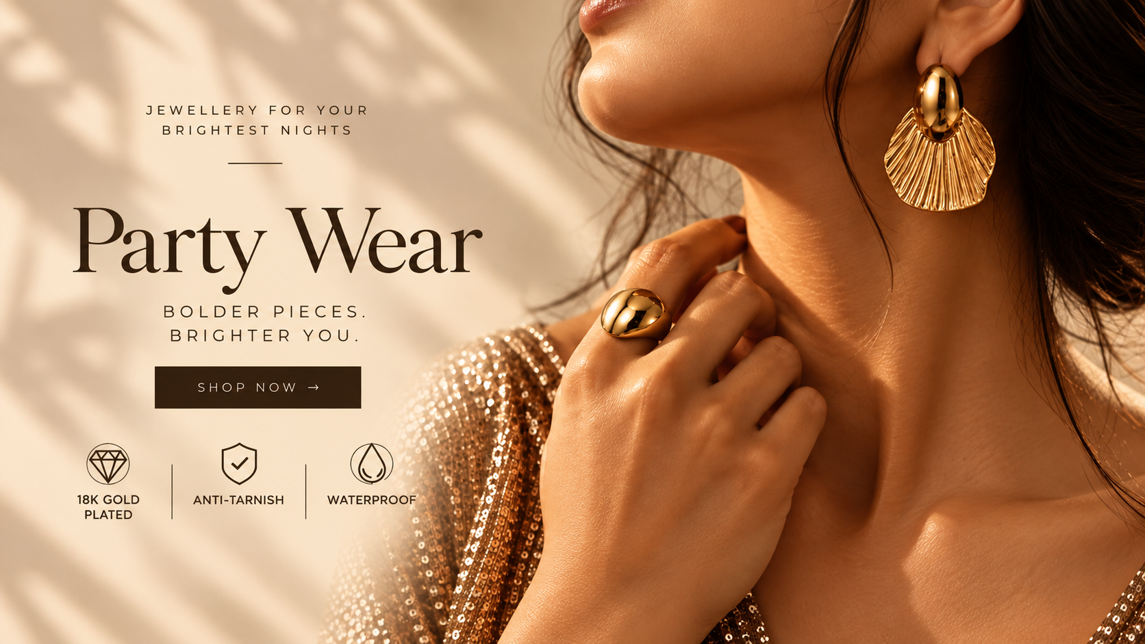 SHAURA party wear jewellery with bold gold earrings and a statement ring